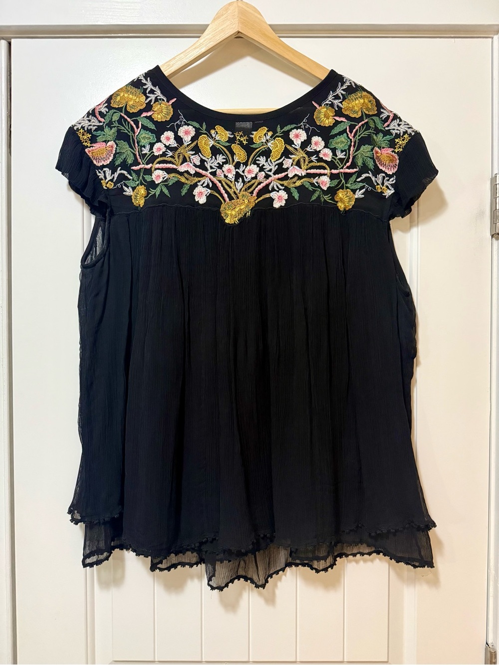 Anthropologie Black Embroidered Floral Yoke Short Sleeve Top 2X